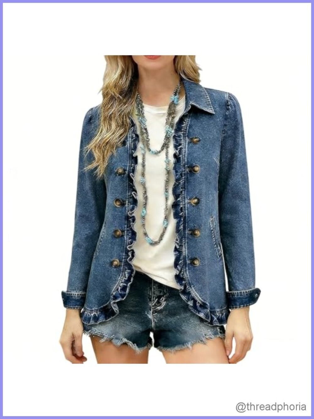 Ruffle Trim Double Breasted Long Sleeve Cotton Denim Jacket